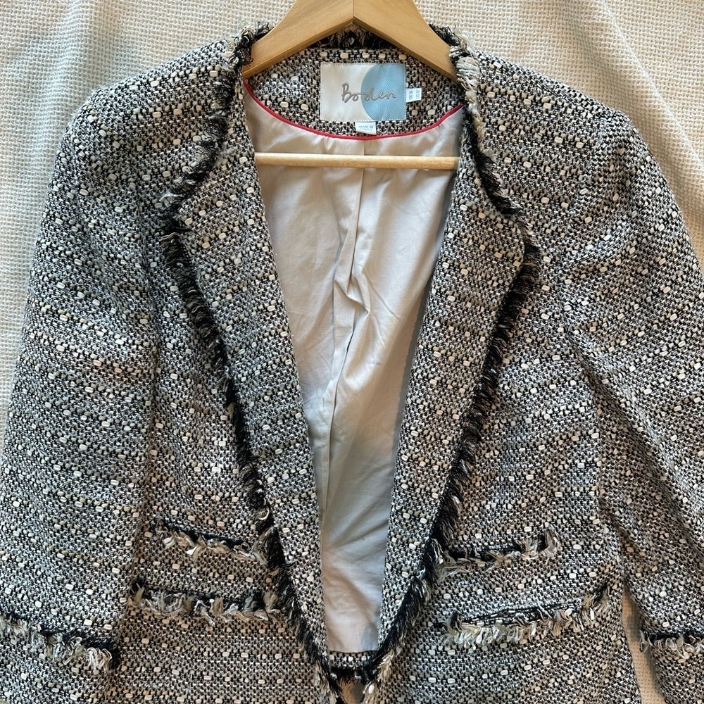Boden Black and White Tweed Blazer with fringe detail - Picture 4 of 5